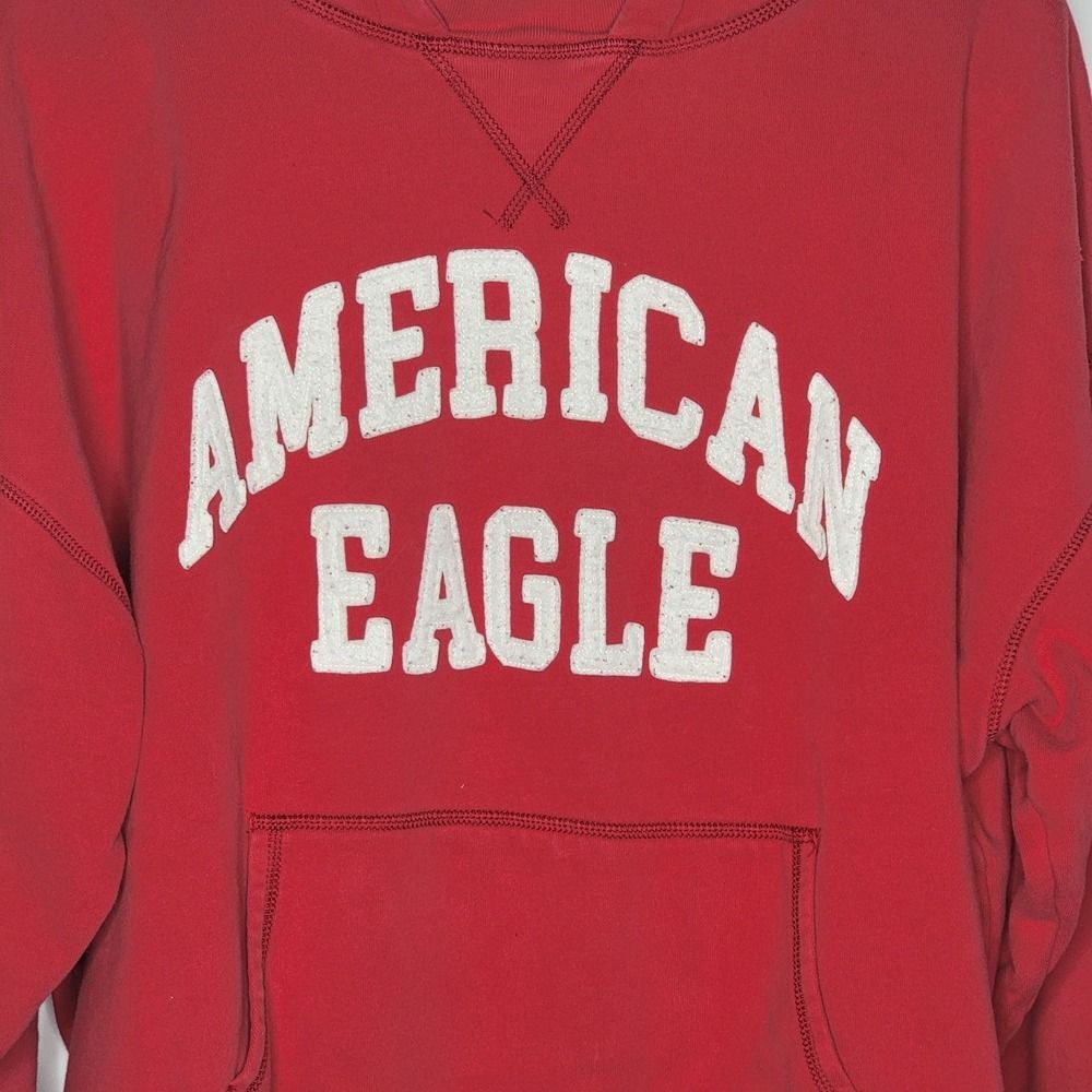 American Eagle Y2K Red White Spell Out Cozy Heavy Hooded Sweatshirt Pocket - Picture 3 of 13
